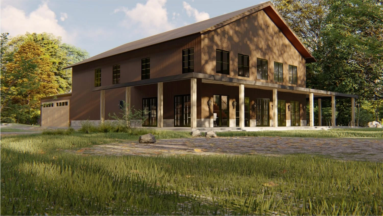 3d design of a custom barndominium with 2 floors
