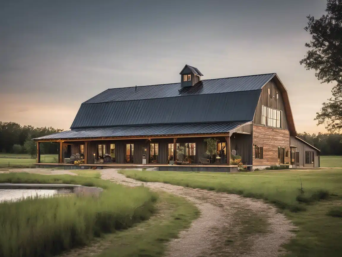 Large black barn-style barndominium with wraparound porch, metal roof, gravel driveway, and pond-side rural setting during sunset.