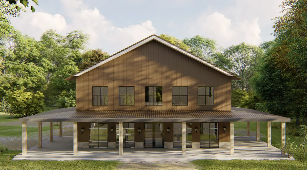 Large modern barn-style home with dark wood siding, full wraparound porch, oversized windows, and spacious outdoor covered areas surrounded by mature trees.