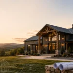 Modern Tennessee barndominium at sunset with building plans, hard hat, and blueprints for a complete barndominium construction guide