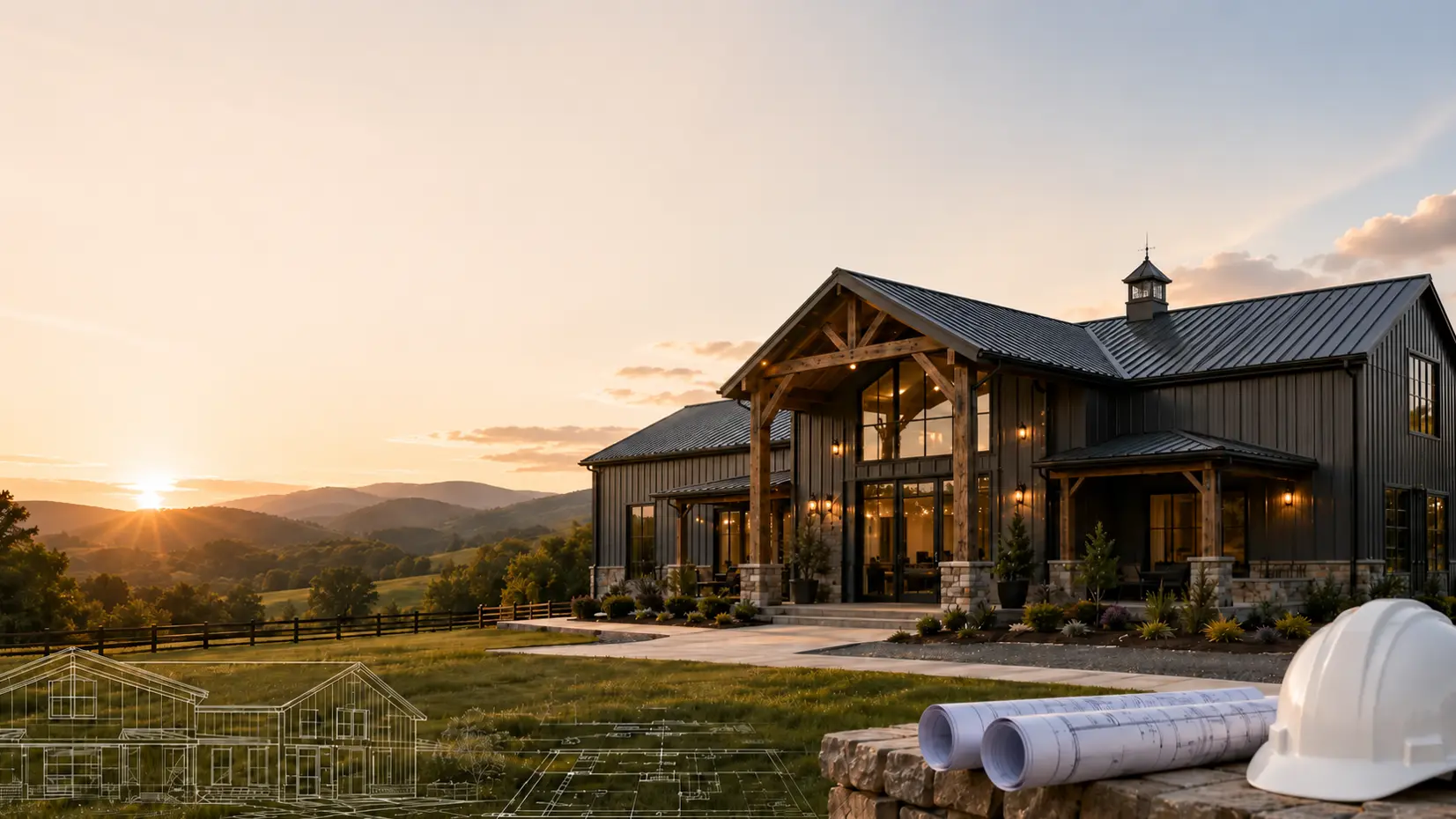 Modern Tennessee barndominium at sunset with building plans, hard hat, and blueprints for a complete barndominium construction guide