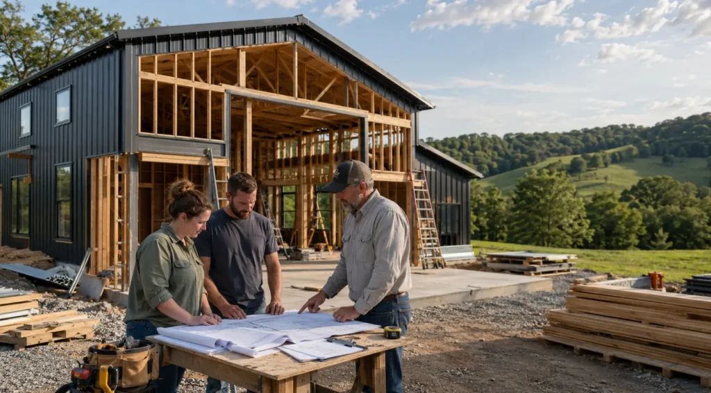 Contractor and homeowners reviewing barndominium plans on a Tennessee jobsite, showing realistic planning beyond common building misconceptions.