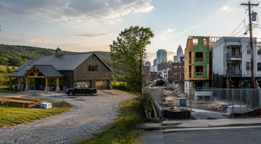 Split-view construction scene comparing rural Tennessee barndominium building with urban jobsite challenges, utilities, access, and zoning differences.