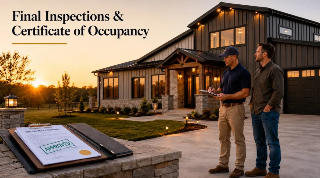 Final barndominium inspection with inspector reviewing checklist, homeowner standing beside finished home, and approved certificate of occupancy document