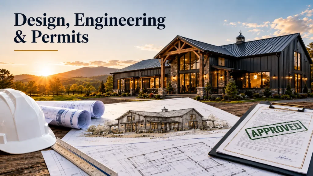 Barndominium design engineering and permits stage with architectural blueprints, approved permit documents, hard hat, and finished barndo exterior at sunset