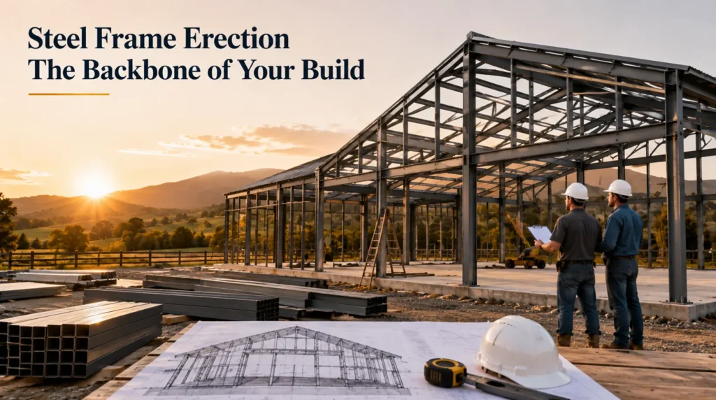 Steel frame erection for a barndominium build with metal beams, construction plans, hard hats, and workers inspecting the structural frame at sunset