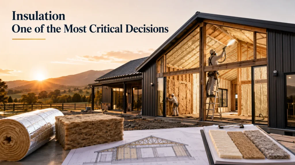 Barndominium insulation installation with spray foam, fiberglass insulation rolls, material samples, and workers insulating walls and roof cavities