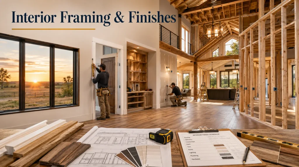 Barndominium interior framing and finishes in progress with exposed wood framing, drywall, trim materials, flooring samples, and workers installing final details