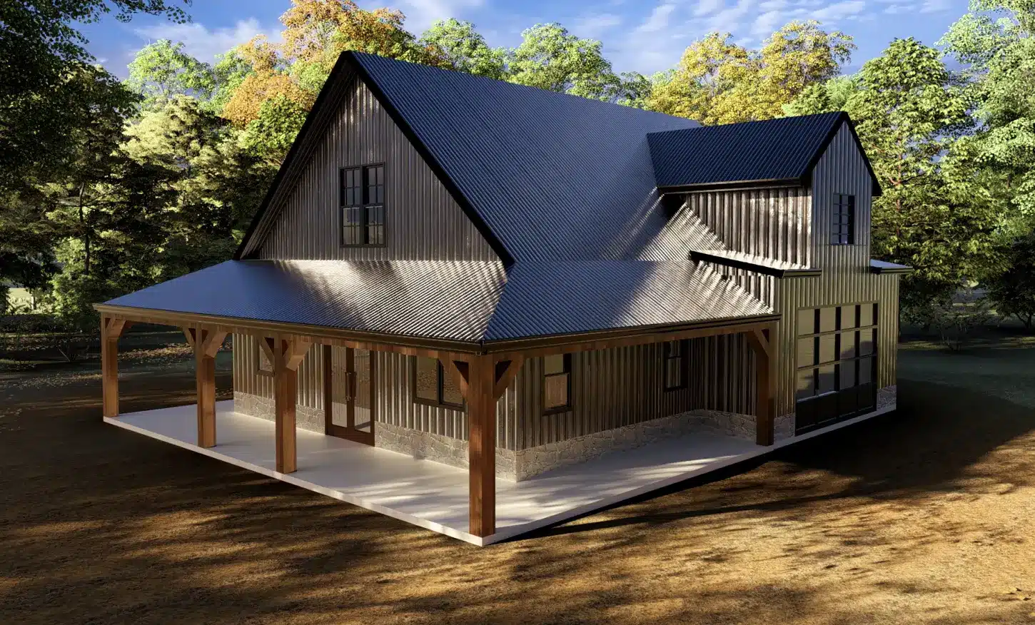 Custom barndominium with metal roof, wood posts, and covered wraparound porch built for homeowners near Clarksville, TN.