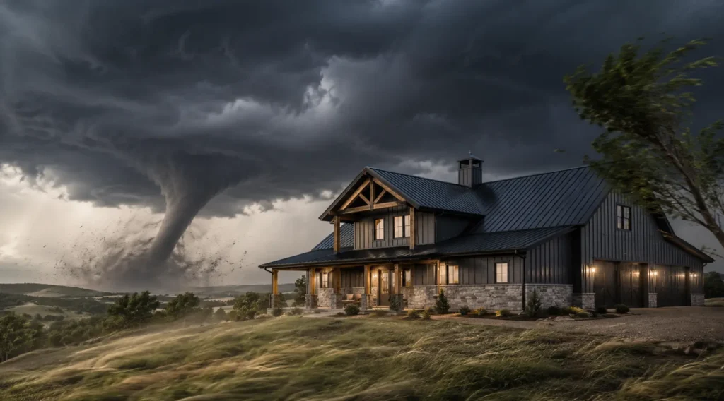 Barndominium in Tennessee facing severe storm conditions, highlighting tornado risk, wind load requirements, and stronger structural planning.