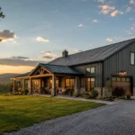 Modern Tennessee barndominium at sunset with metal siding, rolling hills, and rural landscape, illustrating unique barndominium construction in Tennessee.