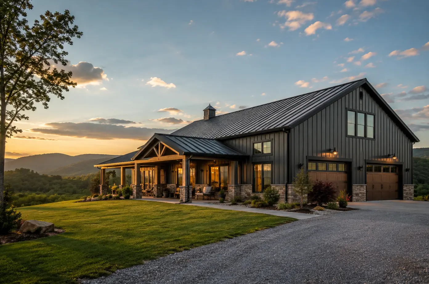 Modern Tennessee barndominium at sunset with metal siding, rolling hills, and rural landscape, illustrating unique barndominium construction in Tennessee.