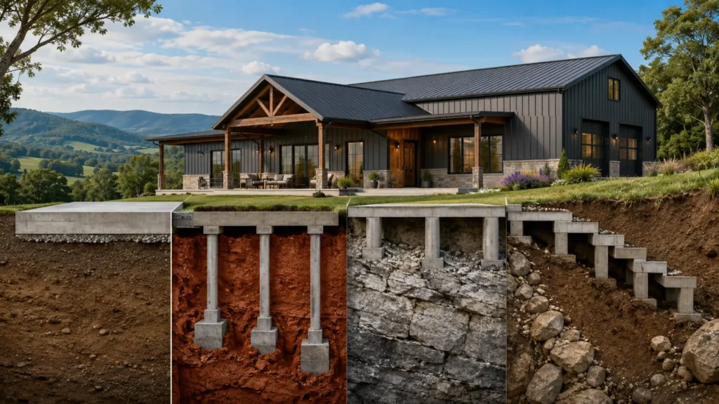 Comparison of slab, pier and stepped barndominium foundations suited to Tennessee clay, limestone and sloped terrain.