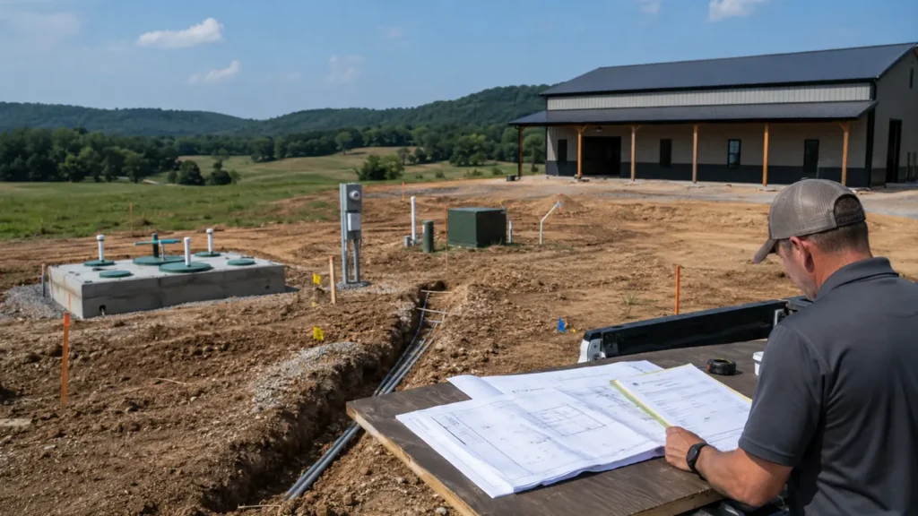 Contractor reviewing utility plans beside septic equipment, electrical service connections, and underground conduits at a Tennessee barndominium site.