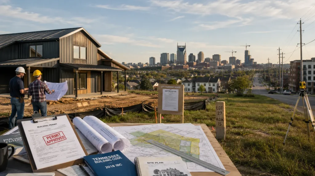 A barndominium construction site near a growing Tennessee metro area, with builders reviewing plans in the foreground, a city skyline in the distance, and permitting documents, zoning maps, and building code materials on a work table.