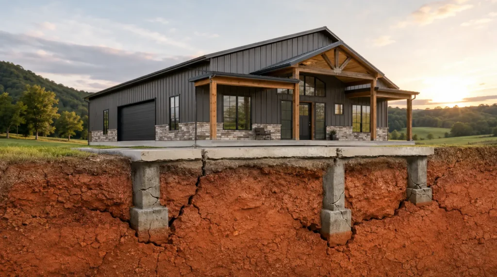 Barndominium foundation affected by expansive red clay soil movement in West and Middle Tennessee.