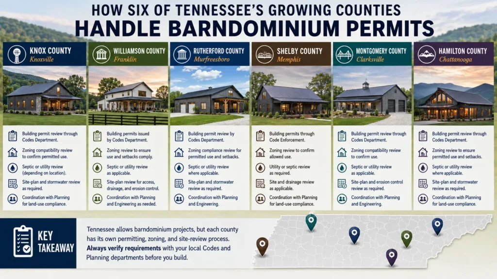 An infographic showing how Knox, Williamson, Rutherford, Shelby, Montgomery, and Hamilton counties handle barndominium permits, with county-specific panels, barndominium images, review requirements, icons, and a Tennessee map locator.