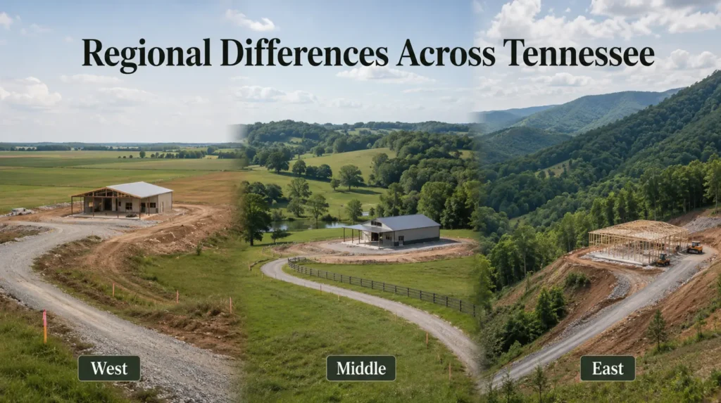 Comparison of West, Middle and East Tennessee barndominium sites, showing flat farmland, rolling countryside and steep wooded mountain terrain.
