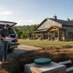 Worker reviewing septic system plans beside a Tennessee barndominium construction site before excavation and dirt work begins.