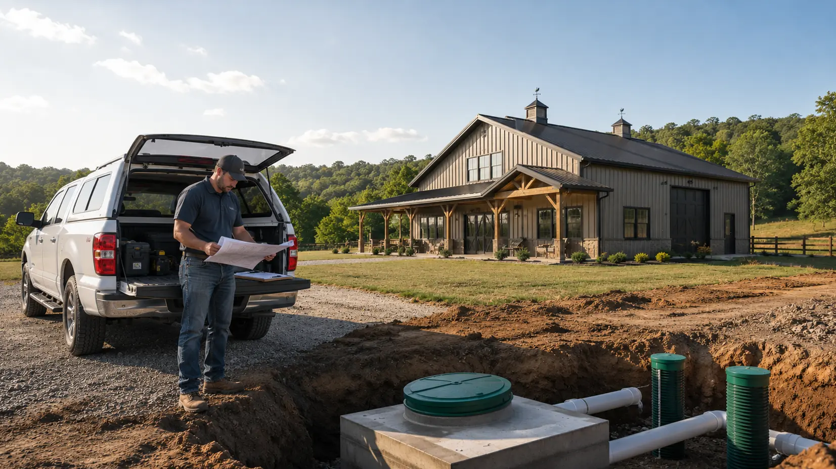 Worker reviewing septic system plans beside a Tennessee barndominium construction site before excavation and dirt work begins.