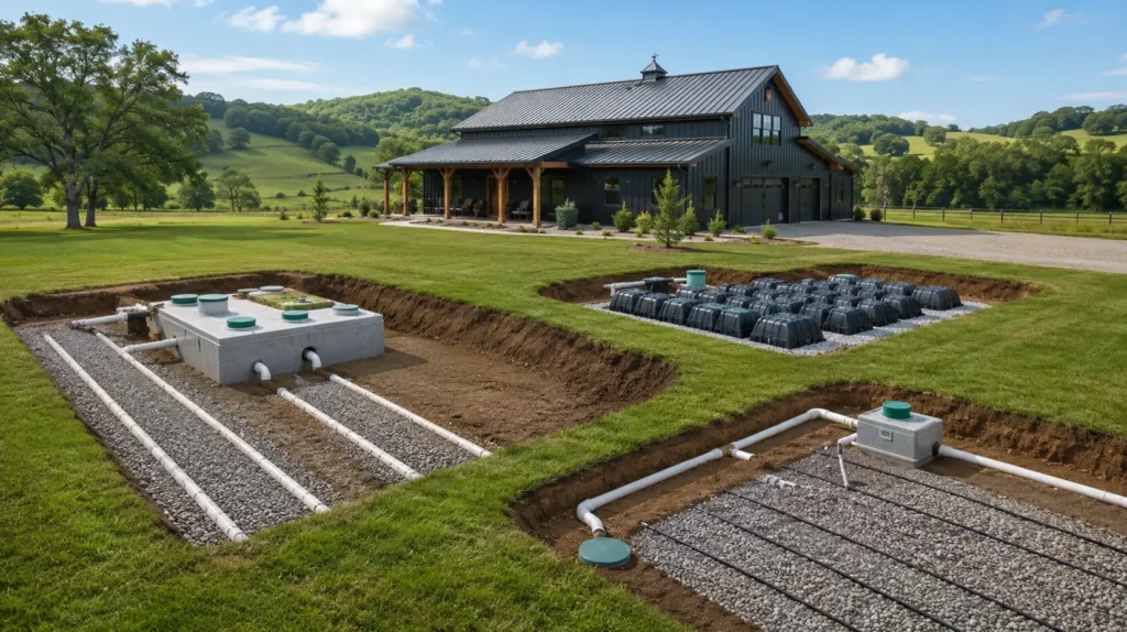 Different septic system types installed around a Tennessee barndominium