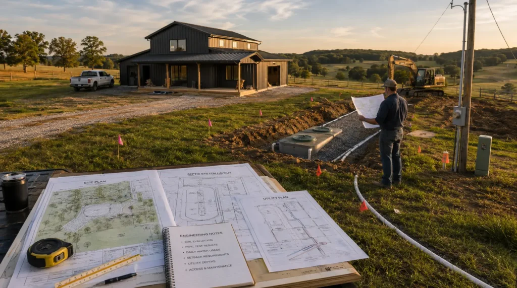 A rural Tennessee barndominium site showing septic installation, utility connections, survey flags, construction equipment, and site plans laid out on a table, highlighting rural infrastructure and land-planning requirements.