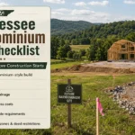 Tennessee barndominium land checklist showing a rural construction site, survey markers, gravel access road and key checks for zoning, soil, utilities, permits and restrictions.