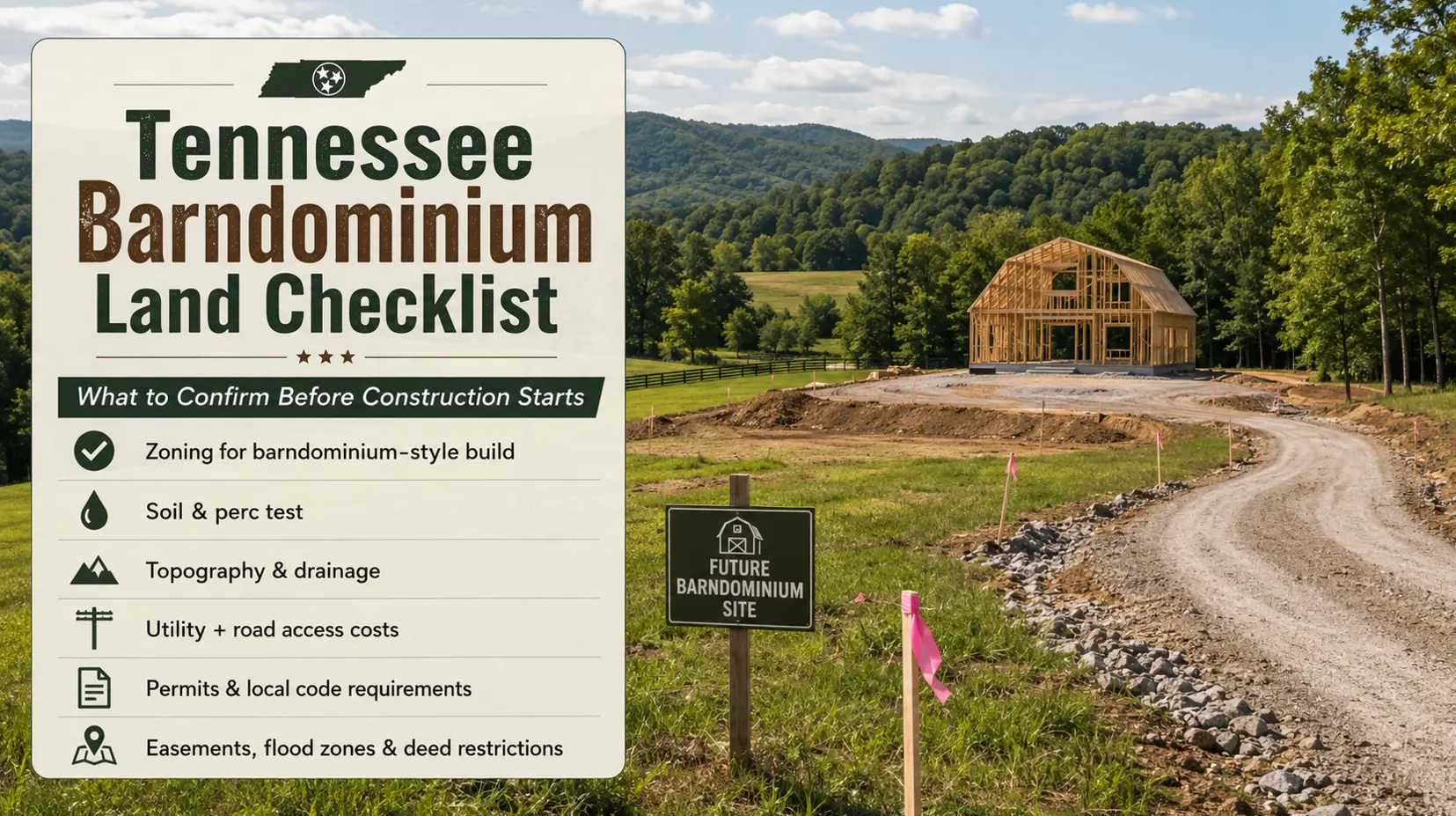 Tennessee barndominium land checklist showing a rural construction site, survey markers, gravel access road and key checks for zoning, soil, utilities, permits and restrictions.