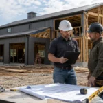 Builder and construction inspector reviewing plans in front of a partially built barndominium in rural Tennessee.