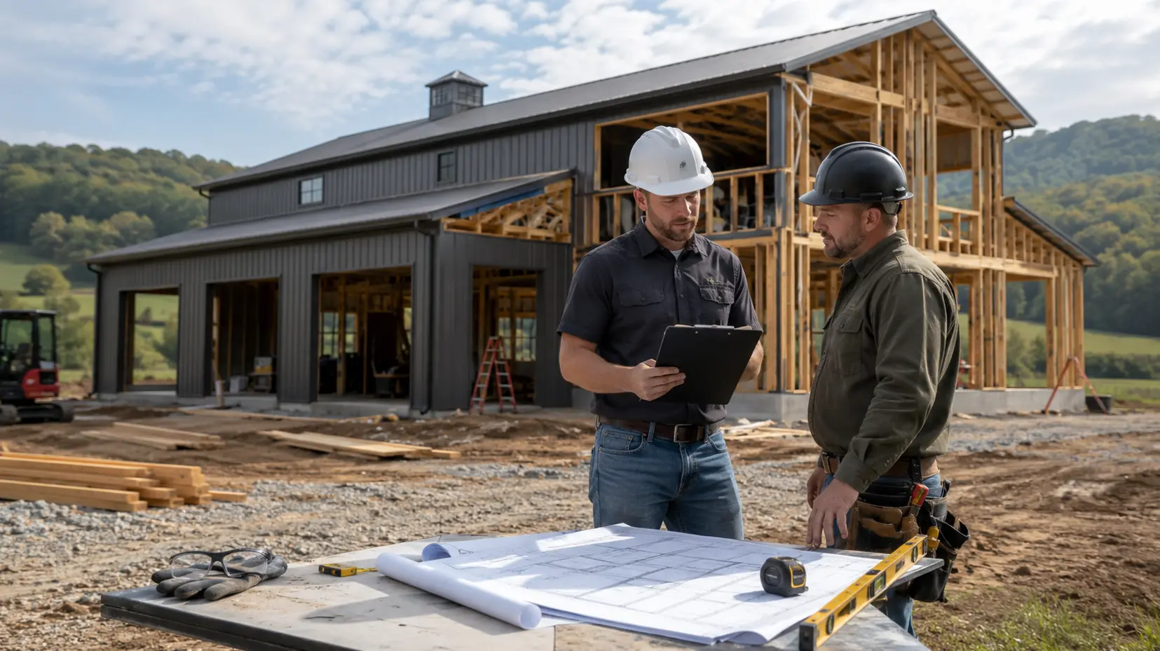 Builder and construction inspector reviewing plans in front of a partially built barndominium in rural Tennessee.
