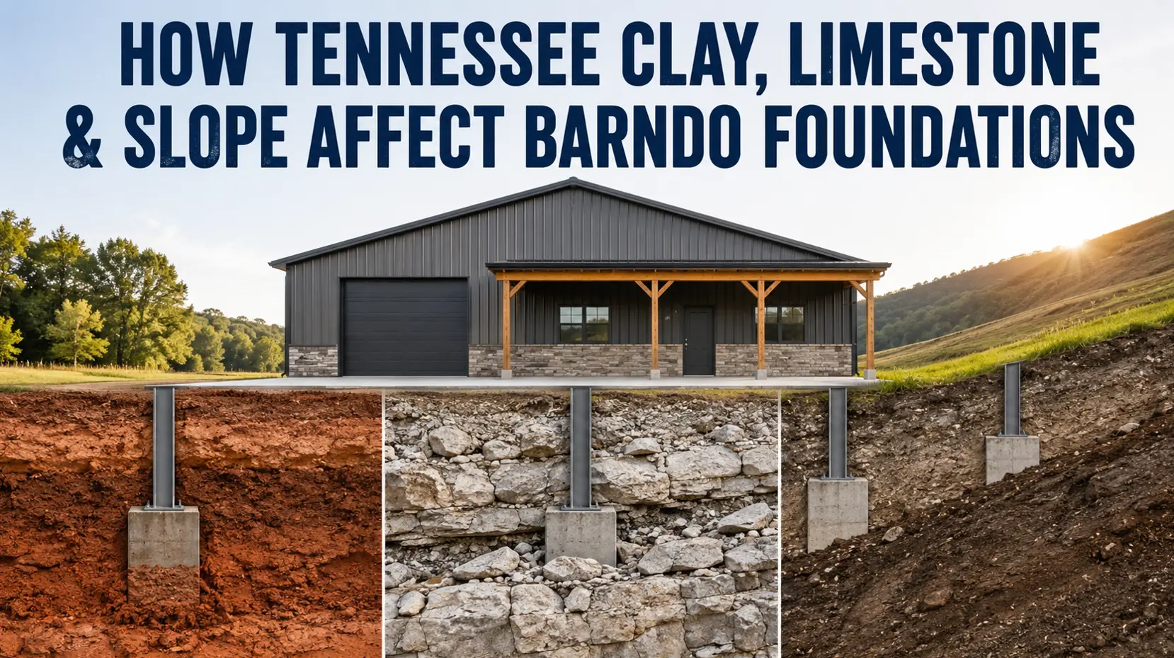 Tennessee barndominium foundation shown across clay soil, limestone bedrock and sloped ground conditions.