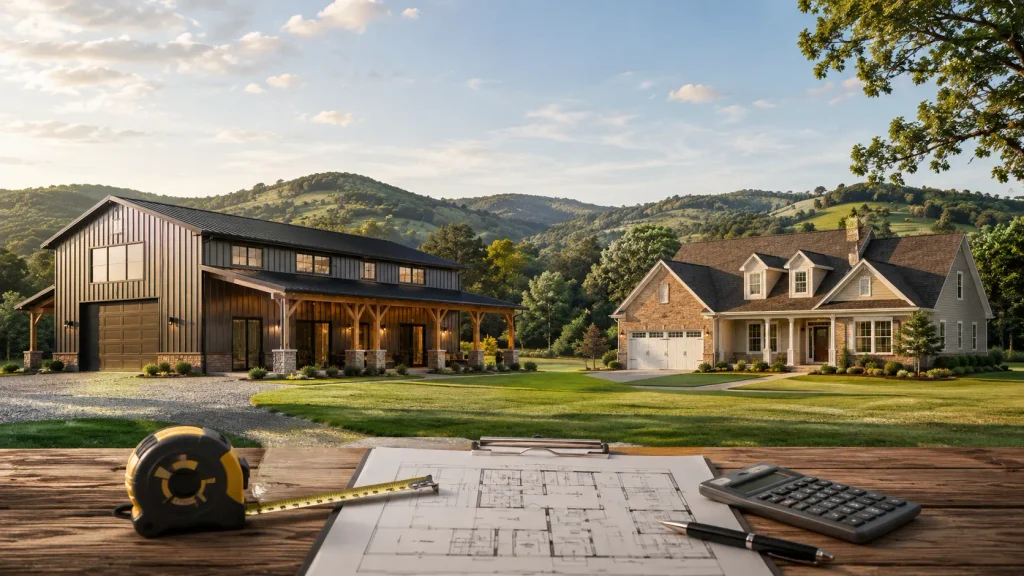 Tennessee barndominium and traditional house shown with building plans, tape measure and calculator to represent cost per square foot.