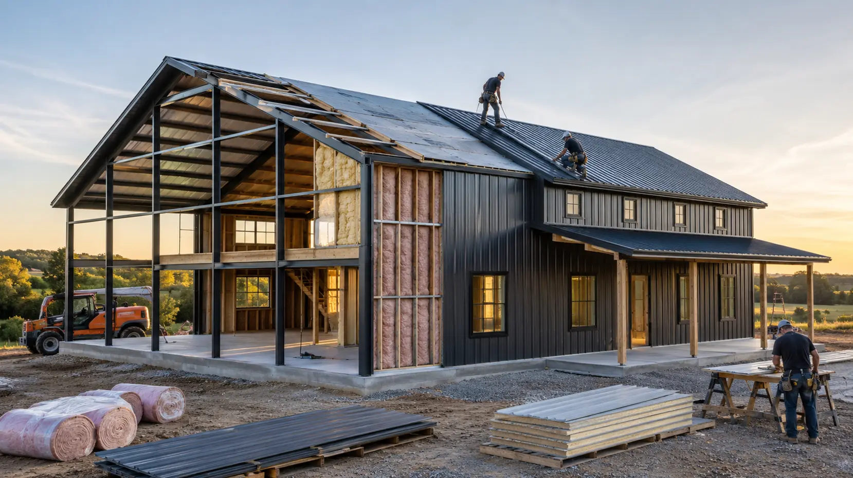 Barndominium construction with dark grey metal roof half-way built
