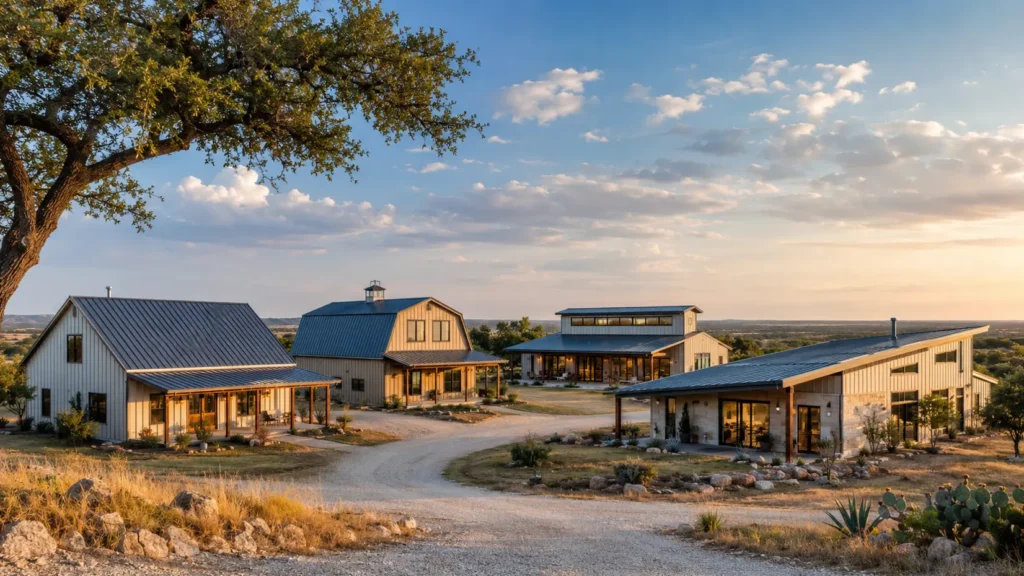 barndominium neighbourhood in Tennessee with 4 different types of barndominium builds and shapes.