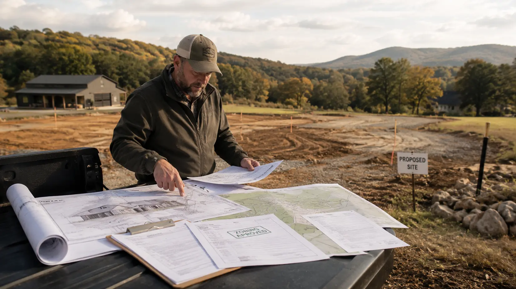 person lookin at plans for a barndominium build in Tennessee