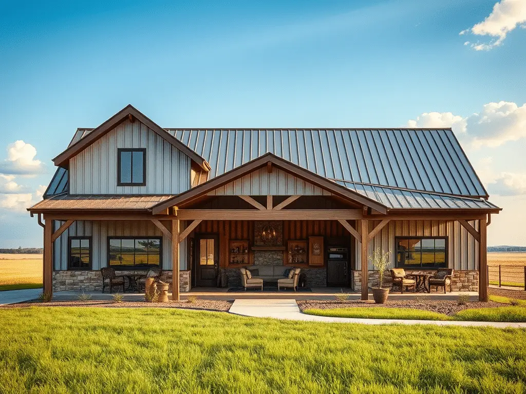 Single storey metal barndominium with dark grey metal roof and wide porch.