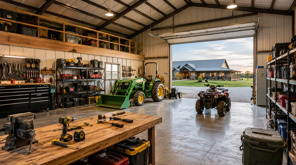 big garage in a barndominium with tools, rv and 4x4