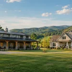 Barndominium and traditional house side by side in the Tennessee countryside, illustrating a cost comparison between the two home types.