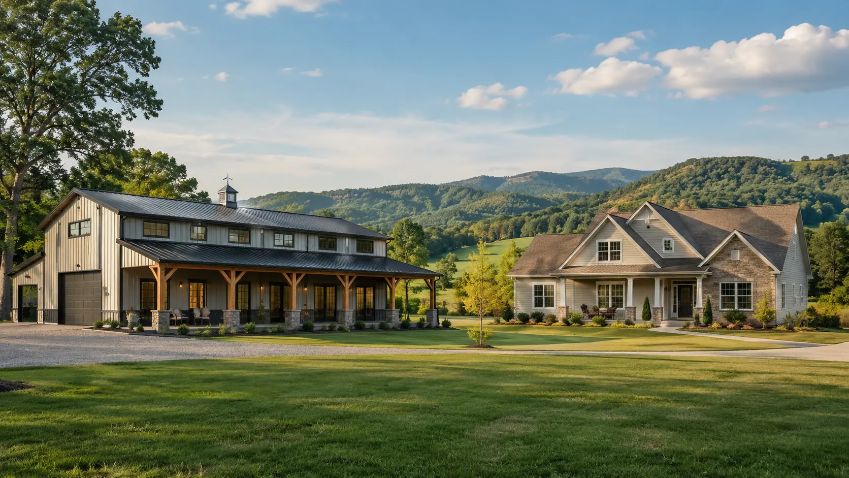 Barndominium and traditional house side by side in the Tennessee countryside, illustrating a cost comparison between the two home types.
