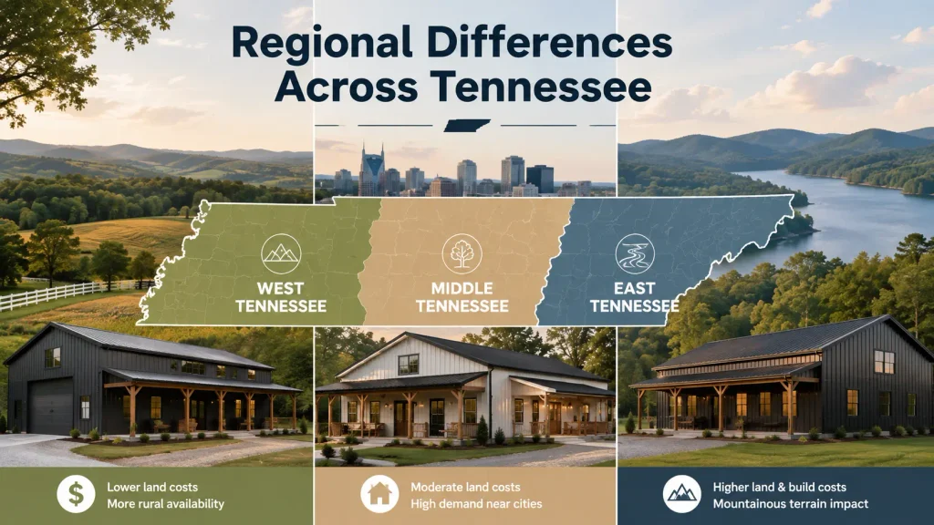 Tennessee map comparing West, Middle and East Tennessee with barndominium examples and regional land and construction cost differences.