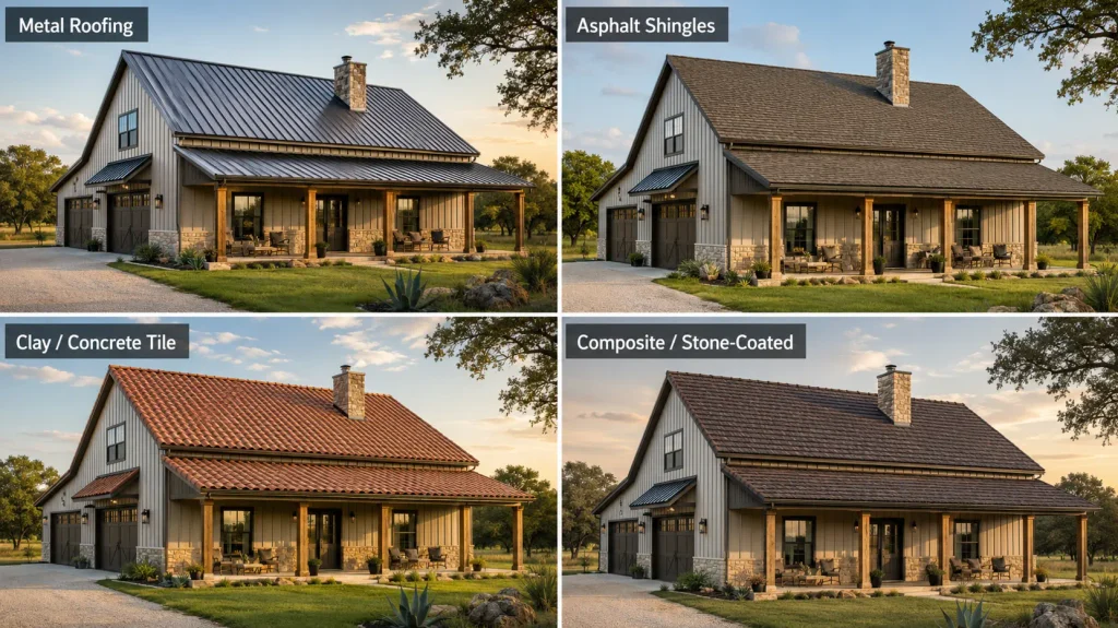four main types of roofs displayed on a image - metal roofing, asphalt shingles, clay or concrete, stone-coated