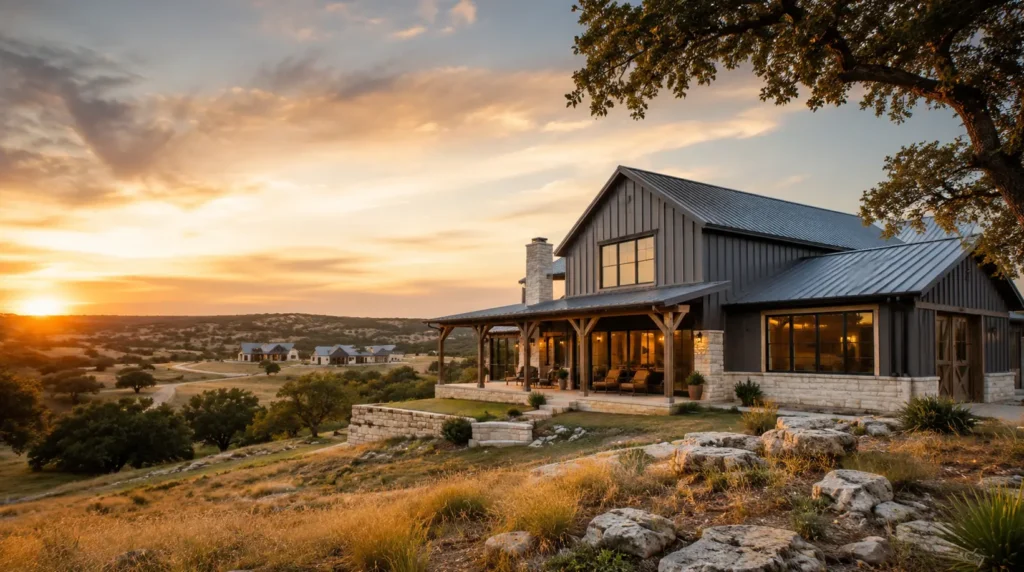Barndominium built in a hill in Tennessee with grey metal roof 