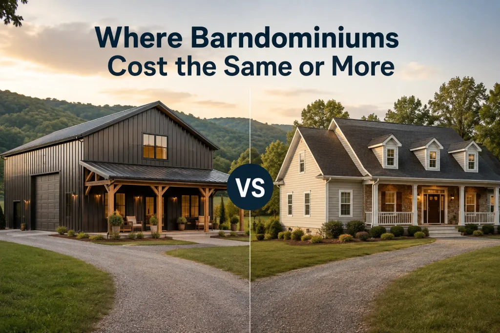 Barndominium and traditional house shown side by side in Tennessee, illustrating situations where barndominium construction costs can be similar to or higher than conventional homes.