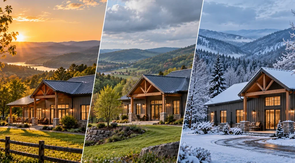 Three Tennessee barndominium settings illustrating different weather and climate conditions across the state