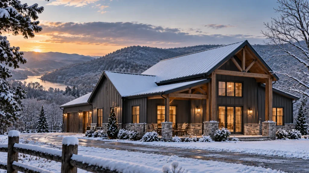 Tennessee barndominium with a metal roof surrounded by snow during winter weather