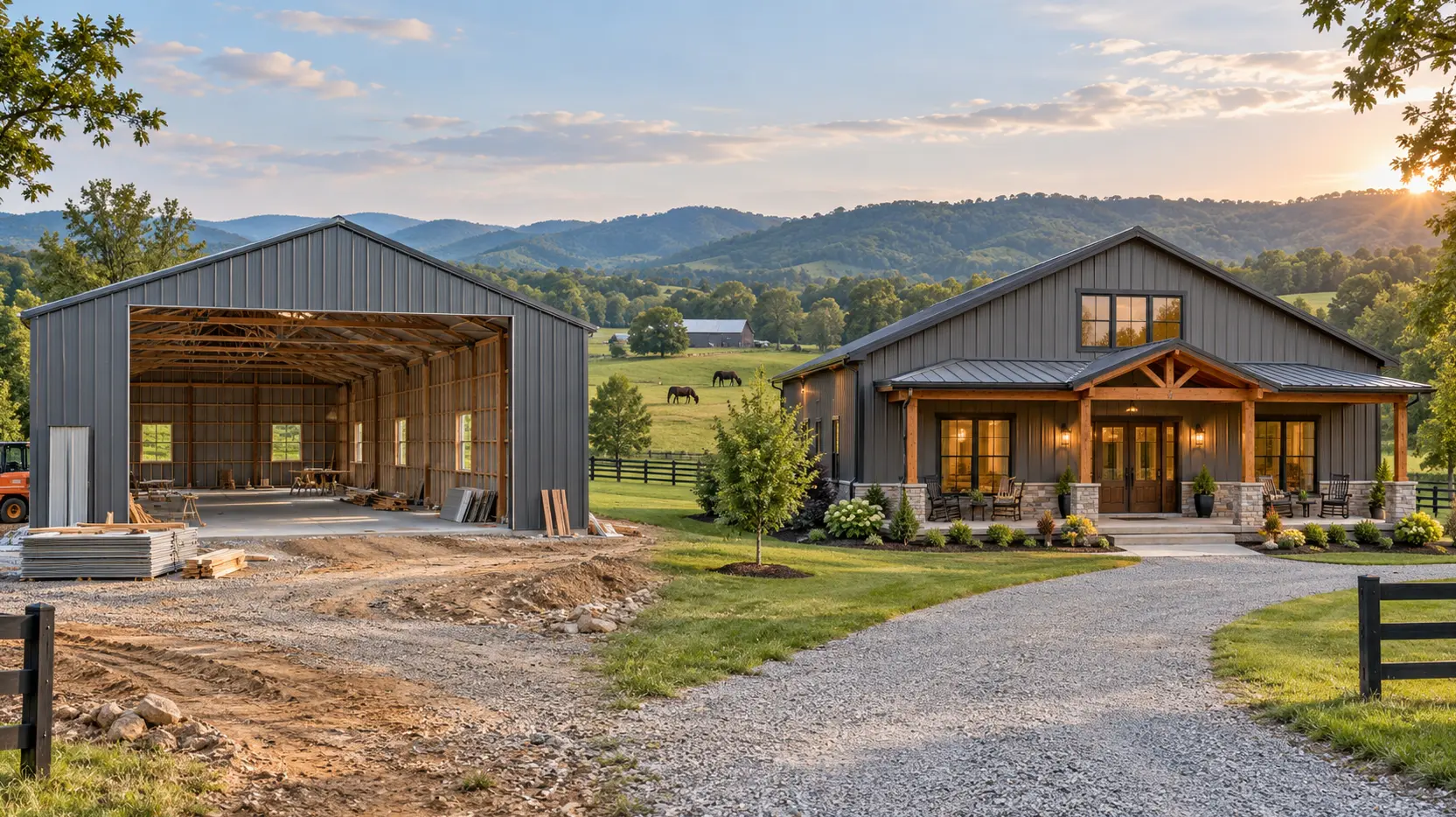 Side-by-side view of a barndominium shell and a completed turnkey barndominium in the Tennessee countryside.