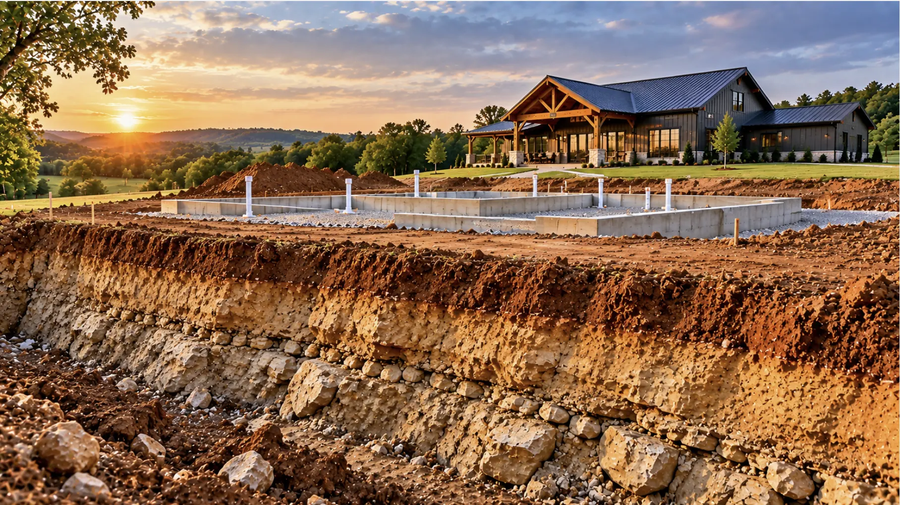 Barndominium building pad showing dense soil layers and foundation conditions in Dickson, TN.