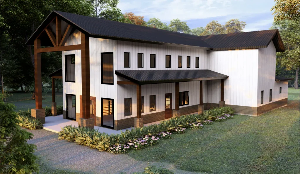 white and dark grey roof barndominium floor plan design for Tennessee