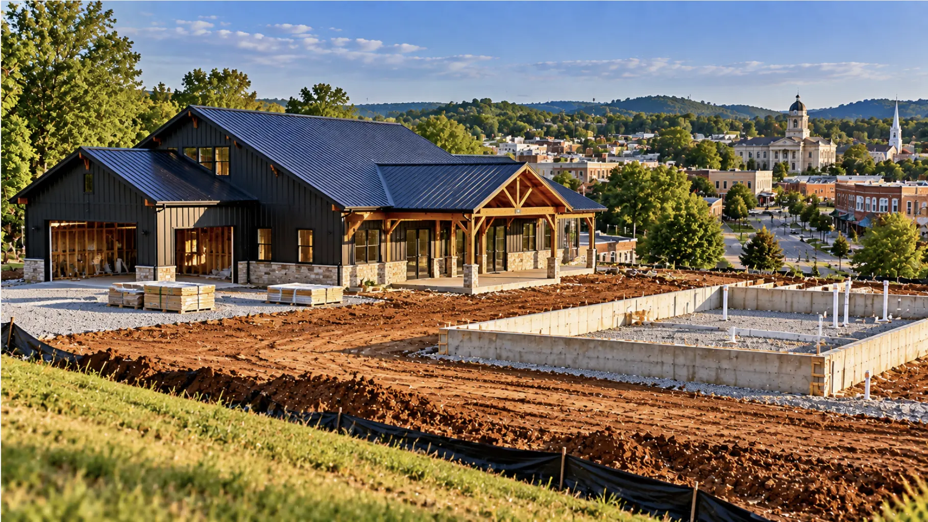 Barndominium construction within Dickson, TN city limits with residential site preparation and foundation work.