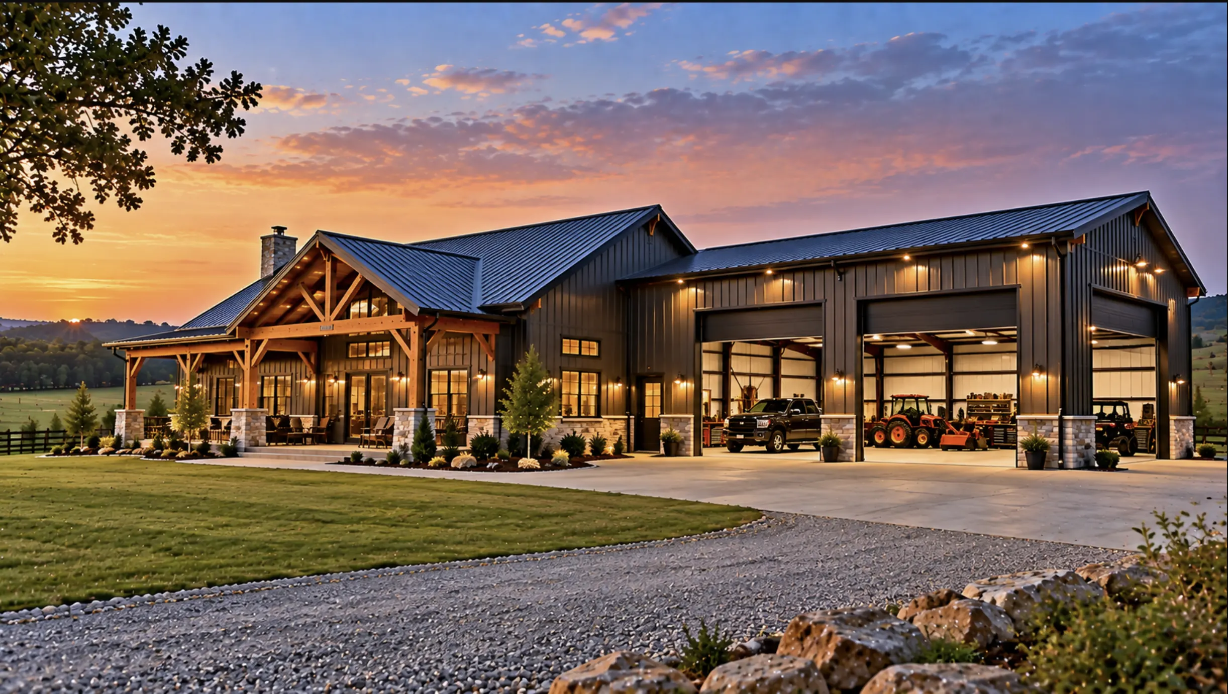 Custom Dickson, TN barndominium with integrated workshop, large garage bays and residential living space.